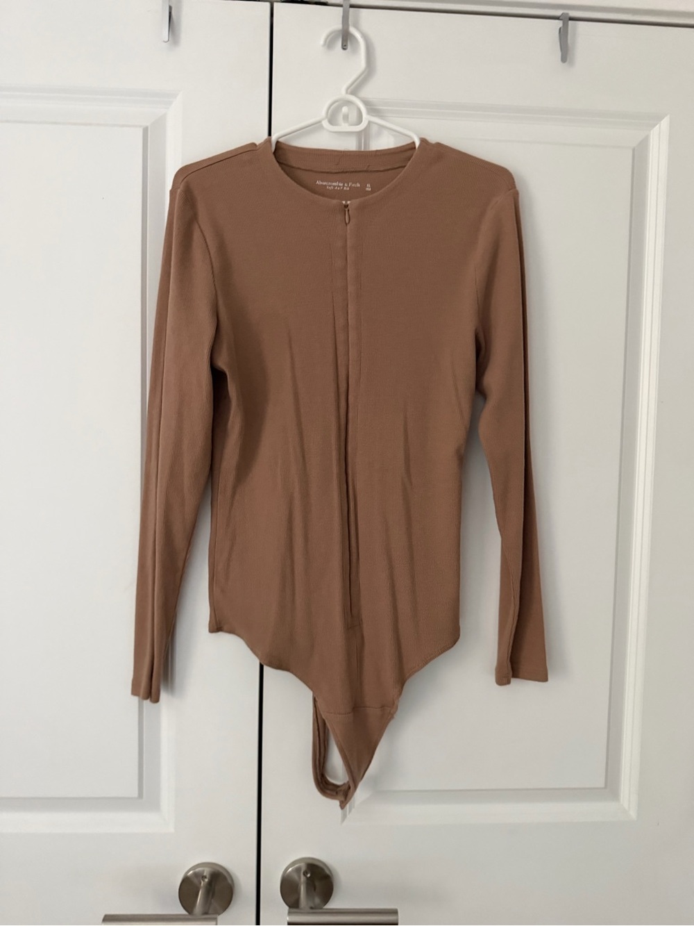 Abercrombie & Fitch Long Sleeve Zip-Front Bodysuit in Camel